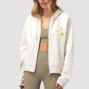 SPIRITUAL GANGSTER Star Cotton Graphic Zip-up Hoodie In White Sand XS NWT